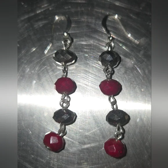 Silver and Red Beaded Dangle Earrings - Picture 3 of 5